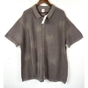 Men’s Mesh Knit Button Shirt 2XL Brown Palm Pattern Lightweight Breathable